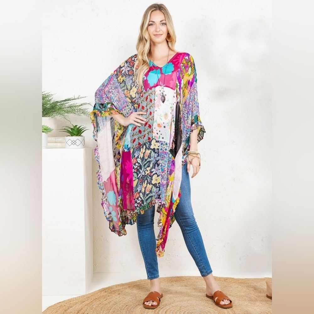 *$38 START*Young Threads Rayon Vibrant Multicolor Floral Kaftan Kimono